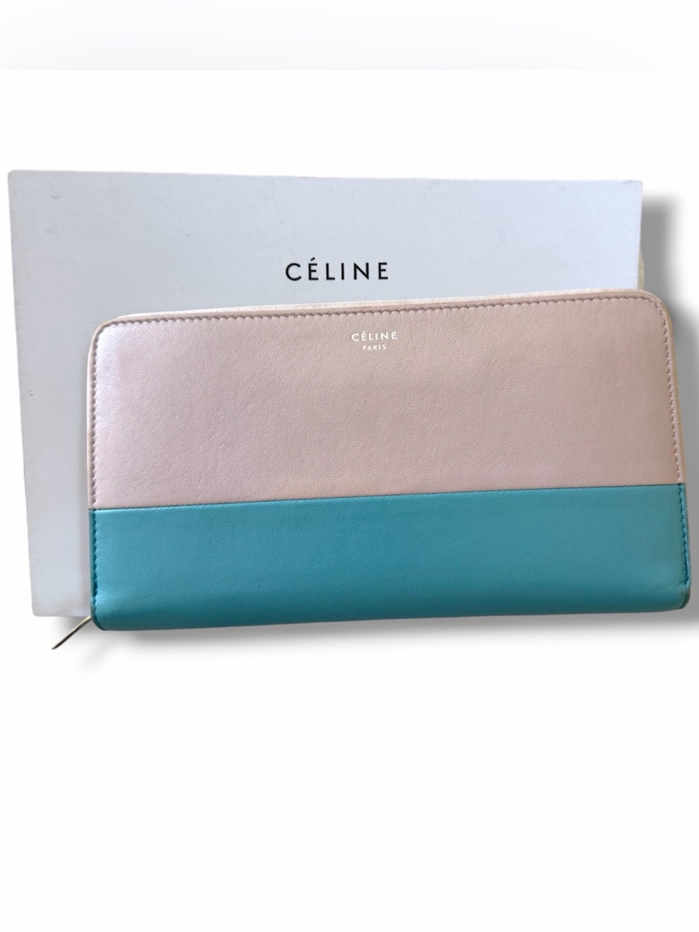Céline Solo Large Zipped Multifunction Wallet Clutch Handbag Gray & Tiffany Blue
